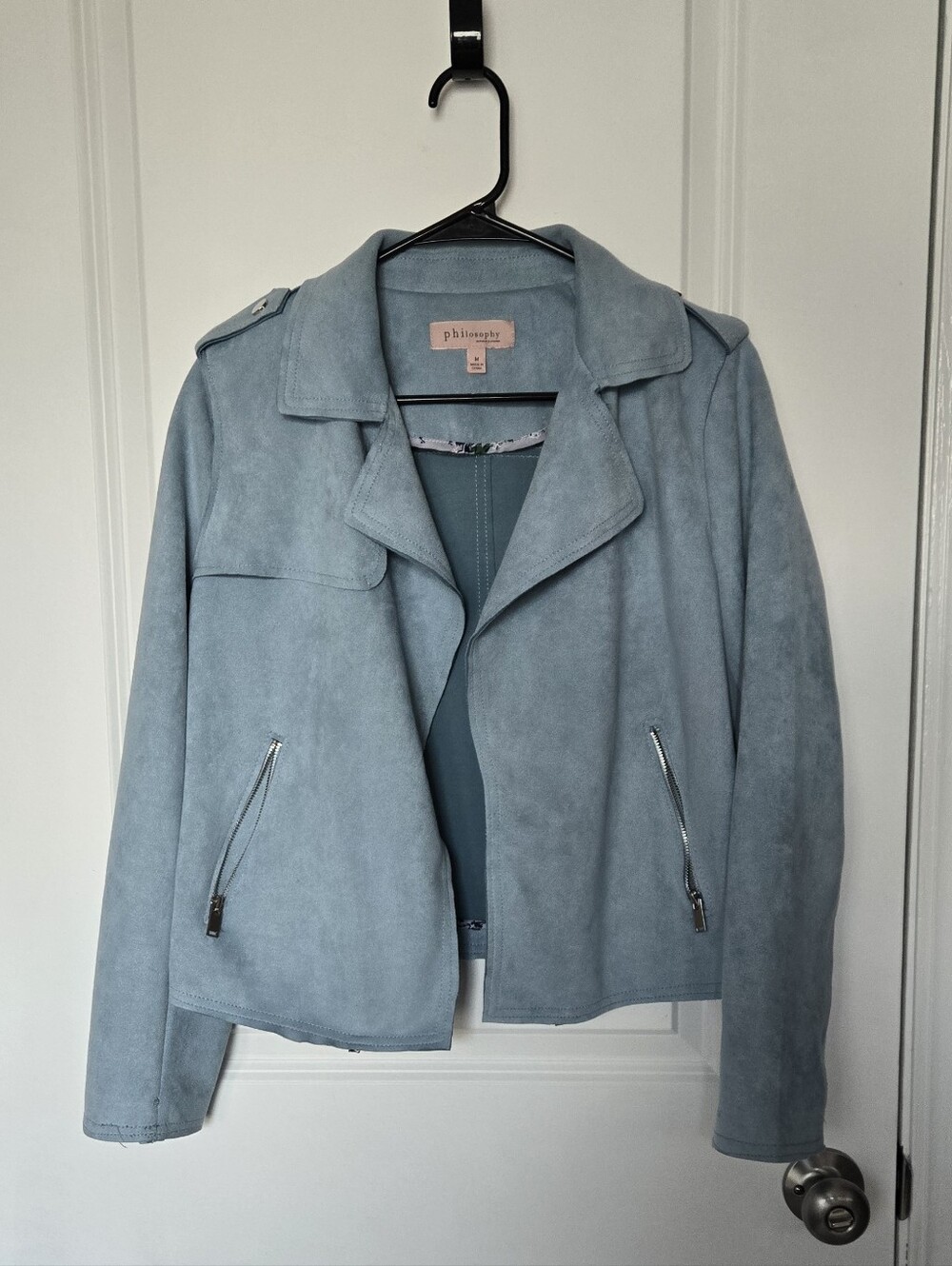 Philosophy | Pale Blue Faux Suede Moto Jacket